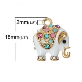 1 x Vergulde bedel witte enamel Olifant met strass 18mm x15mm oogje 2mm  (In bestelling)