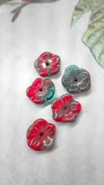 5 stuks glaskraal bloem rood met turquoise 10mm Gat: 1mm