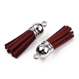 2 x Suede kwastje met messing 35–37 x 10 mm – oogje 1,8 mm – dark red / platinumkleur