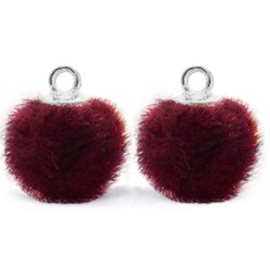 2 x Pompom bedels met oog faux fur 12mm Port purple red-silver