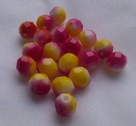 10 x  glas facetkralen 8 mm roze, geel en wit gemeleerd