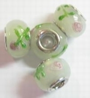 Per stuk Glaskraal European style melkwit met bloemen 14 mm