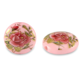 2 x Glaskralen 14mm bloem Pink-rose red (Ø1.8mm)