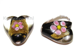 2 x Zwarte goldfoil lampwork kraal hart  21 x 20 mm