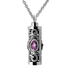 201 RVS Gedenk hanger mini urn cilinder met  steen van glas incl. RVS ketting 55cm Amethyst