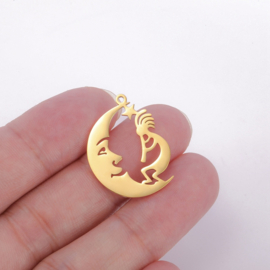 1 x RVS  bedel Maan en Mannetje met fluit Laser Cut Goud kleur, 27 x 21mm oogje: 1,2mm
