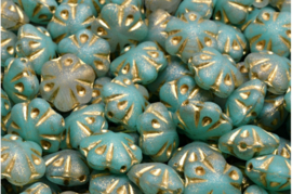 2 x Tsjechische Glaskralen Folklore Flower Pressed Beads 11x11mm turquoise