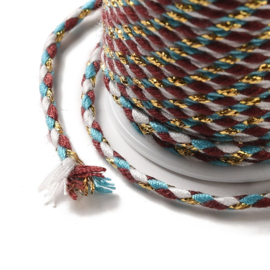 1 rol Metallic gevlochten koord – katoen/polyester mix – 1,5 mm – Brown Blue met goudkleurige draad – 4 meter