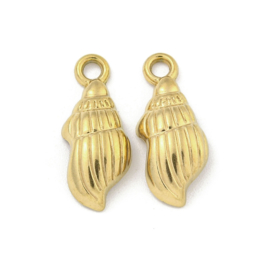 1 x Ion Plating (IP) RVS 304 schelp bedel Real 18k Gold Plated, 18,5 x 7 x 3,5 mm oogje 2mm