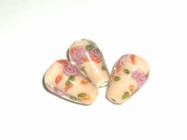 10 x Glaskraal bolle druppel 12x9mm transparant met peach kleurige kern en roze bloemen