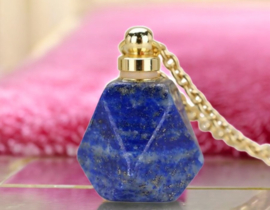 Gedenk hanger mini urn van edelsteen Lapis Lazuli met RVS ketting goudkleur