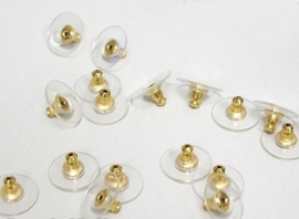 10 x vergulde achterkantjes stoppers voor oorbellen met plastic gedeelte 12mm Ø 7mm dik, gat: 1mm
