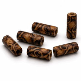 25 x Afrikaanse houten kralen cilincder 16 x 6 mm – gat ca. 2,5 mm – bewerkt met print