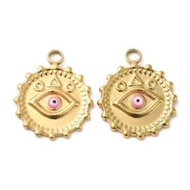 1 x RVS 304 Ion Plating (ip) ronde bedel met evil eye, 18K Gold plated 21,5 x 18 x 2mm oogje 2,5mm