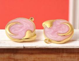 1 x RVS 304  Bedel rond maan en hartje Pearl Pink, 18K goldplated 17,5 x 17 x 2mm oogje: 1,4mm