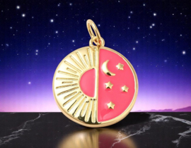 Bedel roze emaille met sterzon en maan, 18K Gold plated 17 x 15 x 2,5mm oogje 3,6mm (Nikkelvrij)