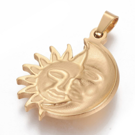 1 x RVS 304 Zon maan bedel 32 x 26 x 3mm, Goud kleur, met bails hanger:  4 x 6mm
