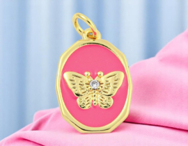 Bedel emaille ovaal vlinder met Zirconia steentje hot pink, 18K goldplated 18 x 12 x 2,5mm oogje 3mm