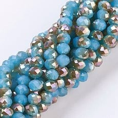 1 x Streng met ca. 100 glaskralen facet rondelle briolette kristal – 6 x 4,5 mm – gat 1 mm – Light Sky Blue AB Plated