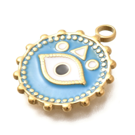 1 x RVS 304 Ion Plating (ip) ronde bedel met evil eye blauw, goud kleur 21,5 x 18 x 2mm oogje 2,5mm