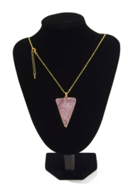 Halsketting met natuursteen hanger Crystal driehoek veer 45-50cm Goudkleur/Donker roze
