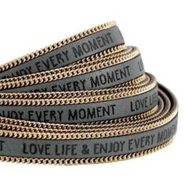 20 cm Quote imi leer 10mm met schakelketting goud - Love life - Cool grey ♥