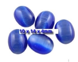 5 x Plaksteen glas cate-eye ovaal 10 x 14 mm blauw