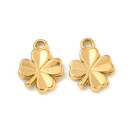 1 x Ion Plating (IP) RVS 304 klavertje 4 bedel Real 18k Gold Plated, 9 x 9,5 x 1,5mm oogje 1,2mm