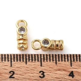 2 x Messing koordeindjes, eindkapjes met zirconia, 18k Gold plated, 10 x 3,5 x 3 mm, gat: 1,5 mm, Ø 1,5 mm