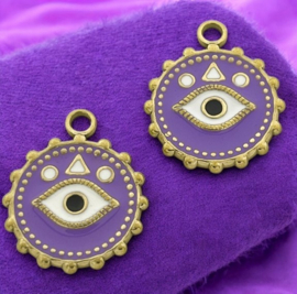 1 x RVS 304 Ion Plating (ip) ronde bedel met evil eye lila, goud kleur 21,5 x 18 x 2mm oogje 2,5mm