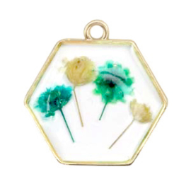 1 x Bedels met gedroogde bloemetjes hexagon Gold-green yellow