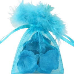 1 x Luxe organza cadeau-zakje turquoise met veertjes 8 x 10cm