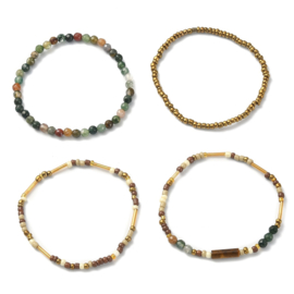1 x set van 4 edelsteen armbandjes – Indian Agate, Tijgeroog & glaskralen – elastisch – ca. Ø 54 mm