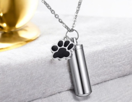 201 RVS Gedenk hanger mini urn 18 x 6mm met bedel dieren pootje 15,3x14,8mm  incl. RVS ketting 54cm