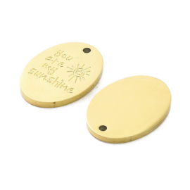 1 x Ion Plating (IP) chirurgisch staal RVS 316L bedel Oval You are My Sunshine Real 18k Gold Plated, 17,5 x 12,5 x 1,5mm oogje 1,2mm (Nikkelvrij)