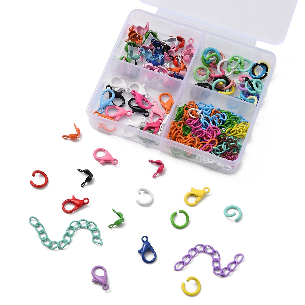 DIY sieraden onderdelen set – inclusief kalotjes, verlengkettinkjes, buigringen en karabijnsluitingen – gemixte kleuren – inclusief opbergdoosje
