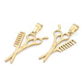 1 x roestvrijstalen 304 RVS hanger, kapper schaar- en kam, goudkleurig, 34 x 19 x 2mm, gat: 7,5 x 4mm