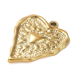 1 x Ion Plating (IP) RVS 304 bedel van een hart Real 18k Gold Plated, 25,5 x 21 x 3mm, oogje 1,6mm