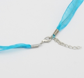 Koord ketting van organza lint en waxkoord c.a. 50cm turquoise