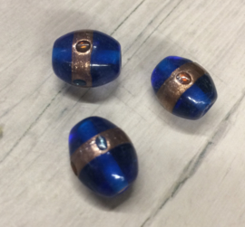 10x  glaskraal ovaal india blauw met goud randje 14x11mm gat 1mm