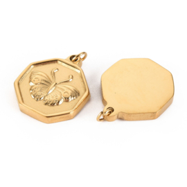 1 x Chirurgisch staal RVS 316L bedeltje met vlinder real 14K gold plated 18 x 15 x 2,5mm, Buig Ring: Ø 2,8mm