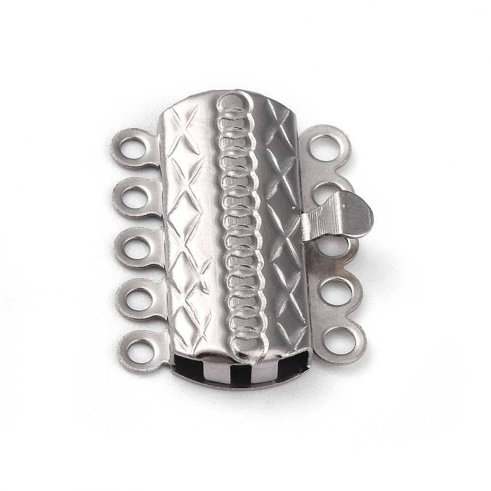 1 x Tarnish Resistant 304 RVS boxsluiting – 5-strengs – 10 gaatjes – rechthoek met patroon – RVS kleur – 19,5 x 14 x 3 mm – gat ca. 1,4 mm