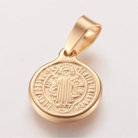 1 x  Ion Plating(IP) RVS 304 Saint Benedict  bedel Goud kleur,  16 x 13 x 2mm met bails hanger:  6x 4mm