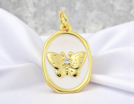 Bedel emaille ovaal vlinder met Zirconia steentje wit, 18K goldplated 18 x 12 x 2,5mm oogje 3mm