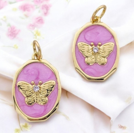 1 x Bedel emaille ovaal lila vlinder met Zirconia steentje 18K gold plated 12 x 18 x 2,5 kleur ring: 4 x 0,7mm 3mm Ø 2mm
