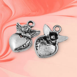 4 x metalen antiek zilverkleur bedel "hart" met engel 24,5 x 16,5 x 4mm Gat: 2,5mm