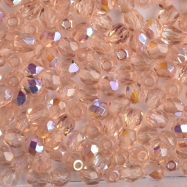 30  x ronde Tsjechische kralen facet kristal afm: 4mm Kleur: ab peach zalm roze gat c.a.: 1mm