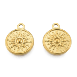 1 x Ion Plating (IP) RVS 201 zon sterren maan bedel Real 18k Gold Plated, 19 x 15,5 x 2,5mm, oogje 2mm