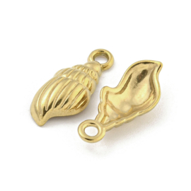 1 x Ion Plating (IP) RVS 304 schelp bedel Real 18k Gold Plated, 18,5 x 7 x 3,5 mm oogje 2mm