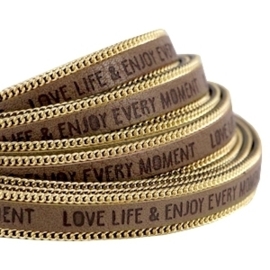 20 cm Quote imi leer 10mm met schakelketting goud -  Love life  -Taupe grijs ♥